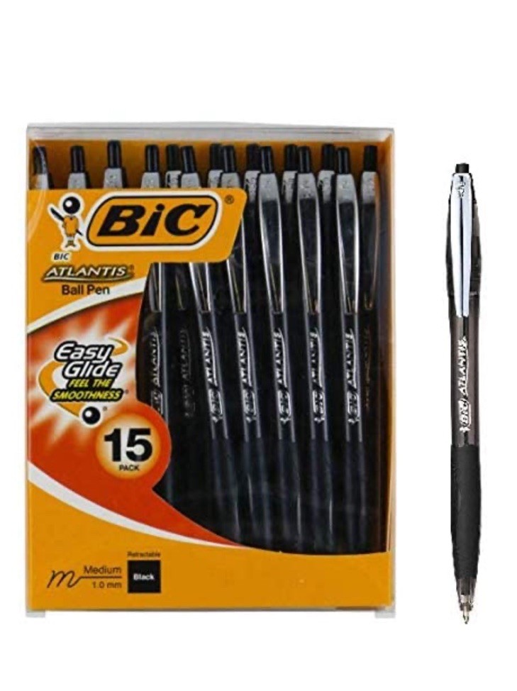 BIC Atlantis Retractable Ballpoint Pen 1.0MM Medium point Black Ink 15 Pack