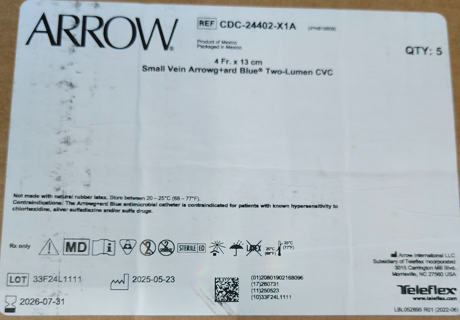 Case of 5 TELEFLEX ARROW Small Vein Arrowg+ard Blue two LumenCVC