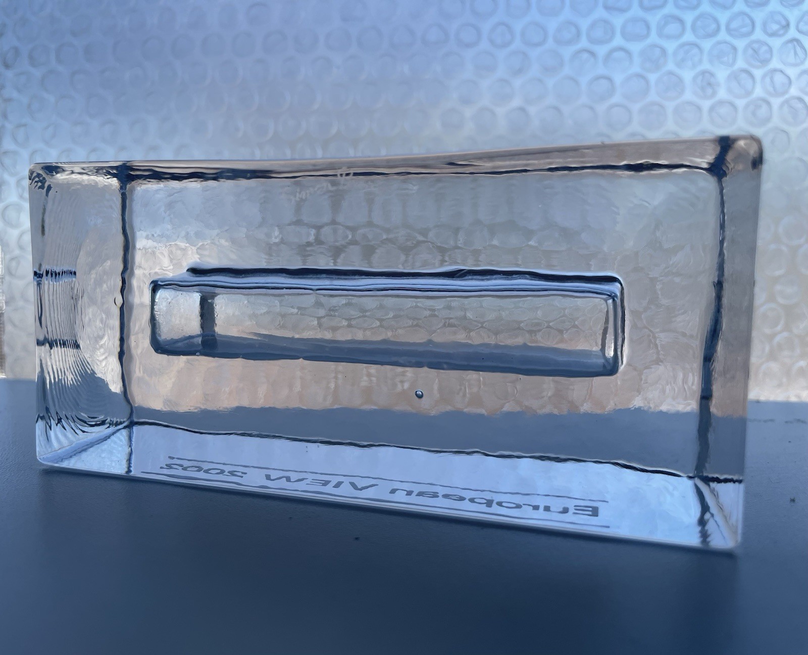 VTG Simon Pearce European View 2002 Etched Glass Business Card Holder Conference