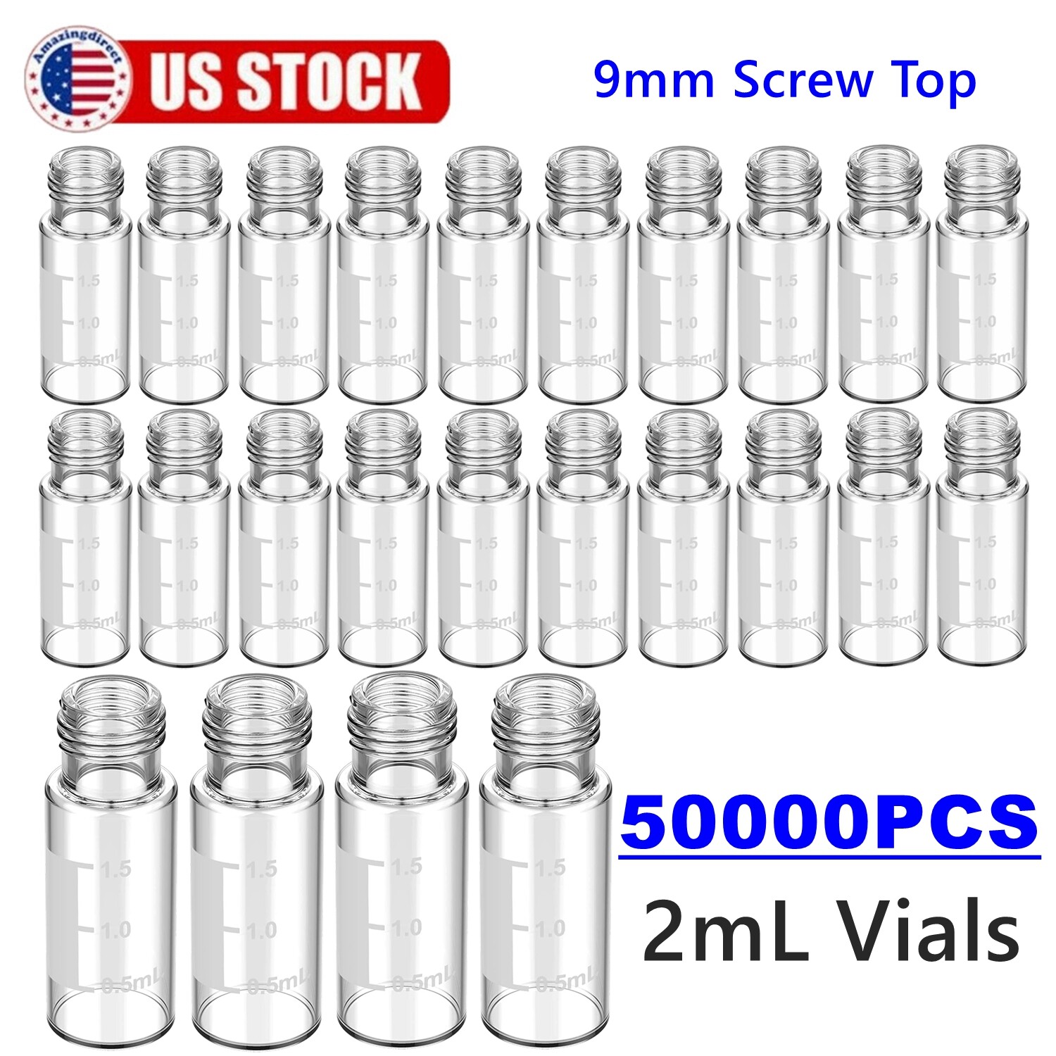 50000PCS 2ml Auto-Sampler Vials 9-425 Clear Glass Bottles Screw Top Writing Area