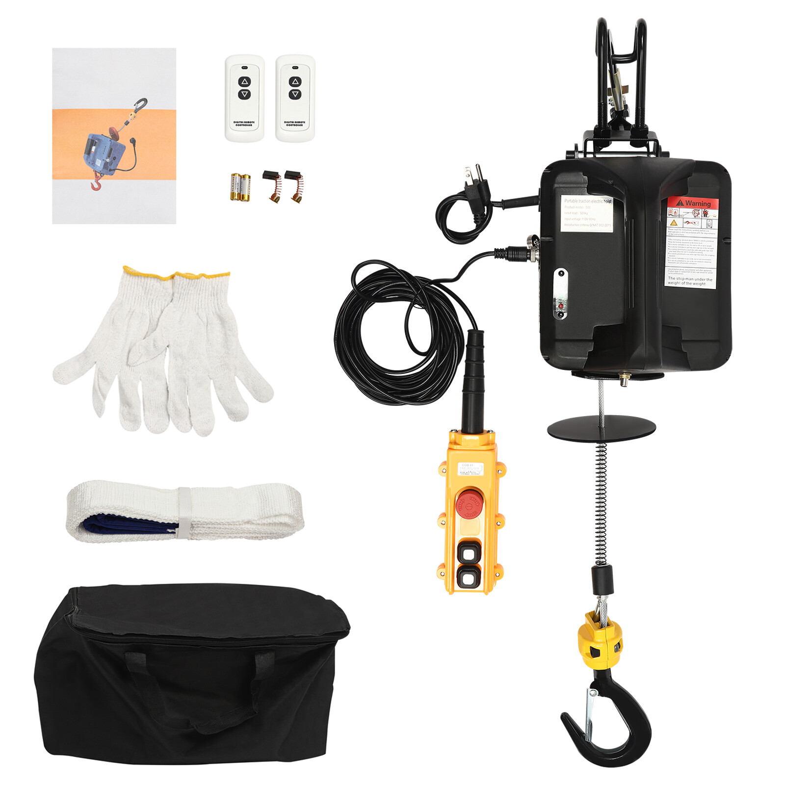 3in1 Portable Electric Hoist Winch 1100lbs Wired/Wireless Remote Control 25ft