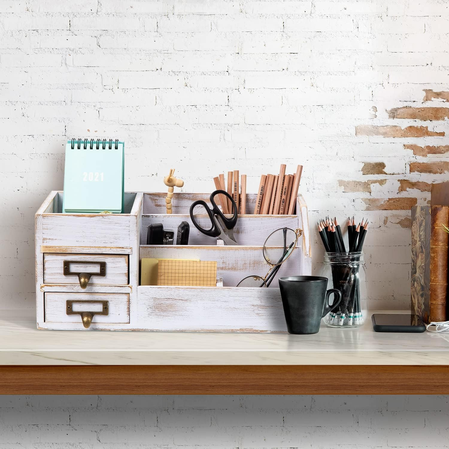 Distressed Rustic Wooden Office Desktop Organizer Shelf Tabletop Home Organizer