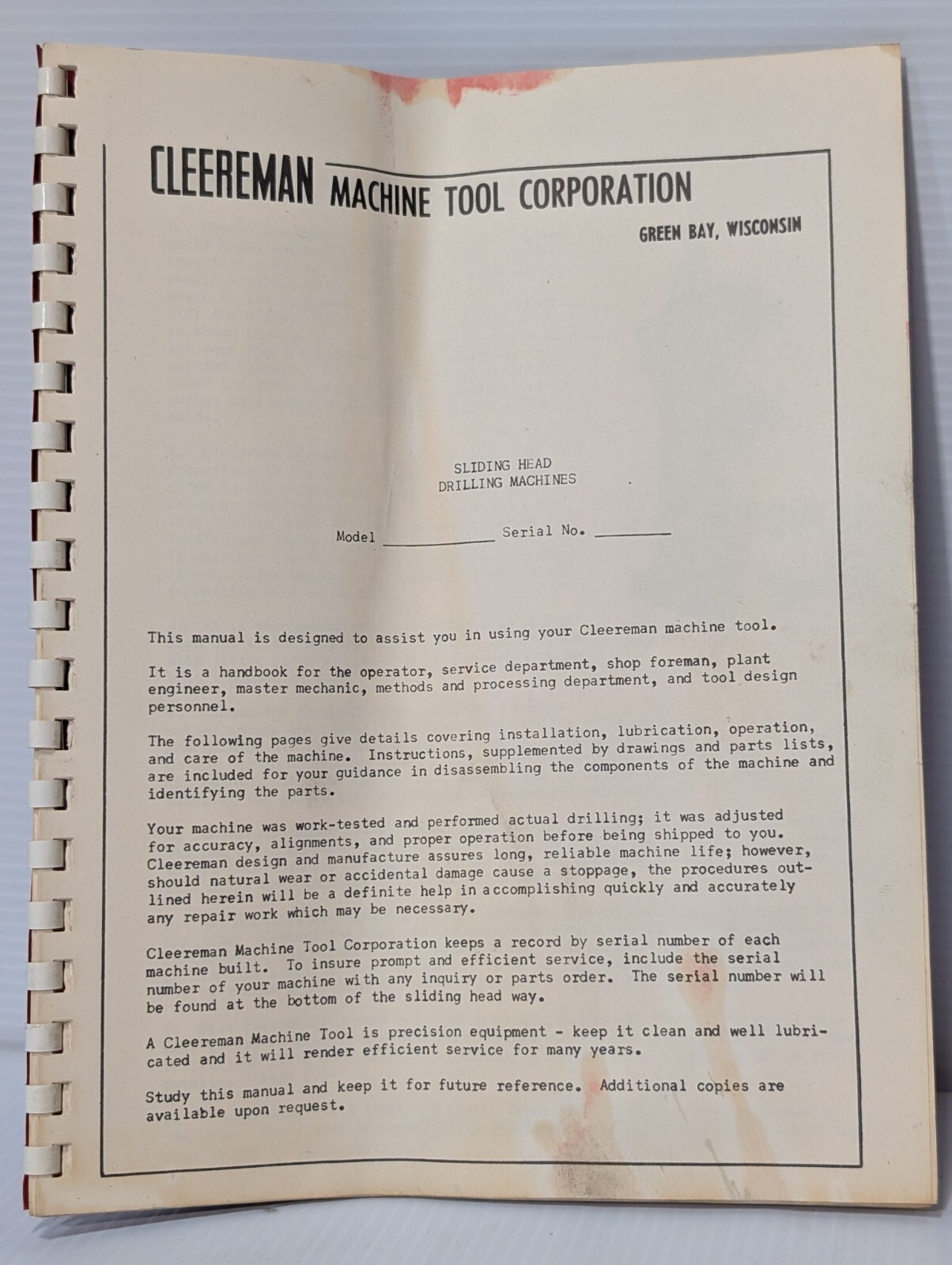 Kearney & Trecker 3524 Op & Maintenance Manual, Cleereman DC Drilling Machine