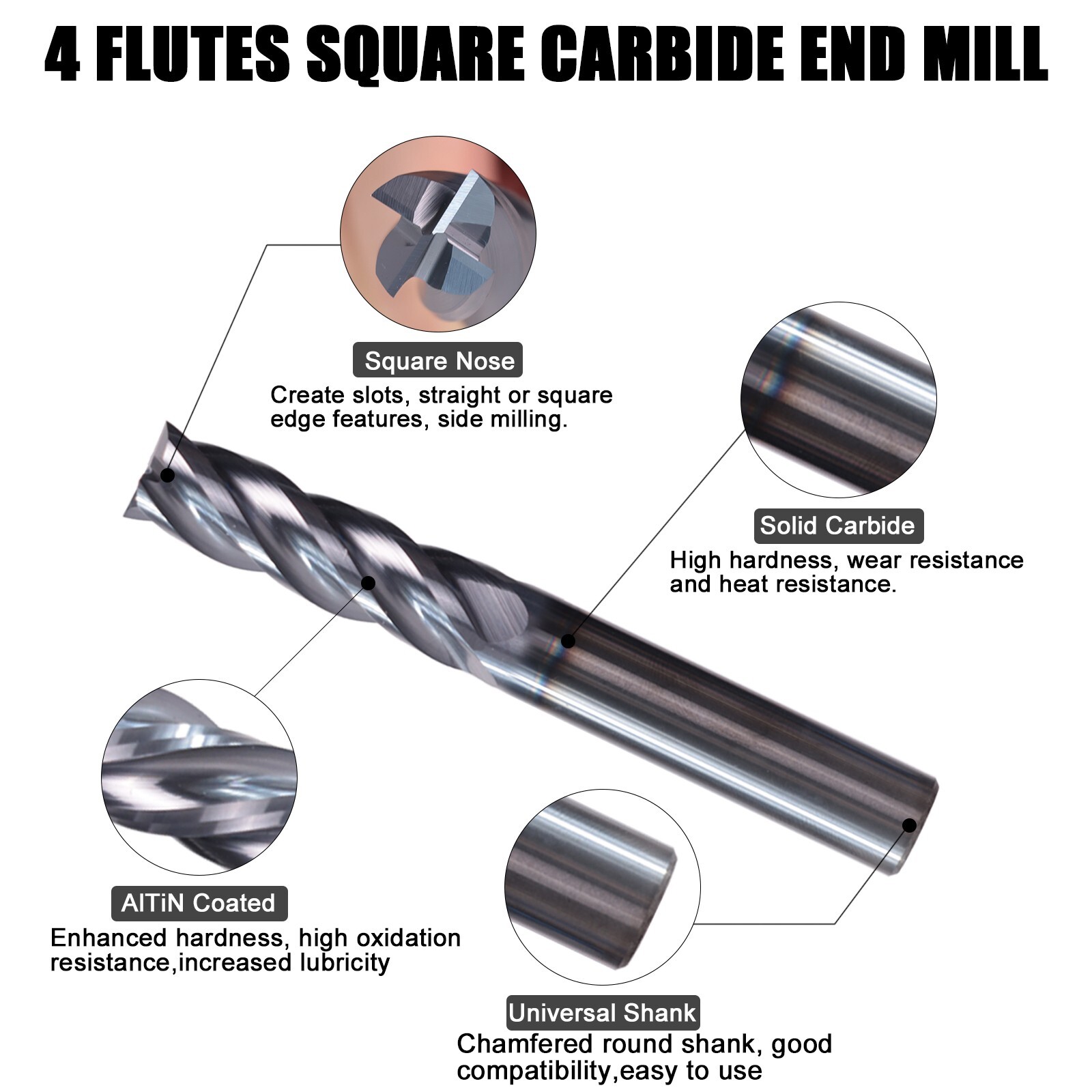 5PCS 4-Flute 1/4″ x 3/4″ x 2-1/2″ Solid Carbide End Mills – AlTiN Coated CNC Bit