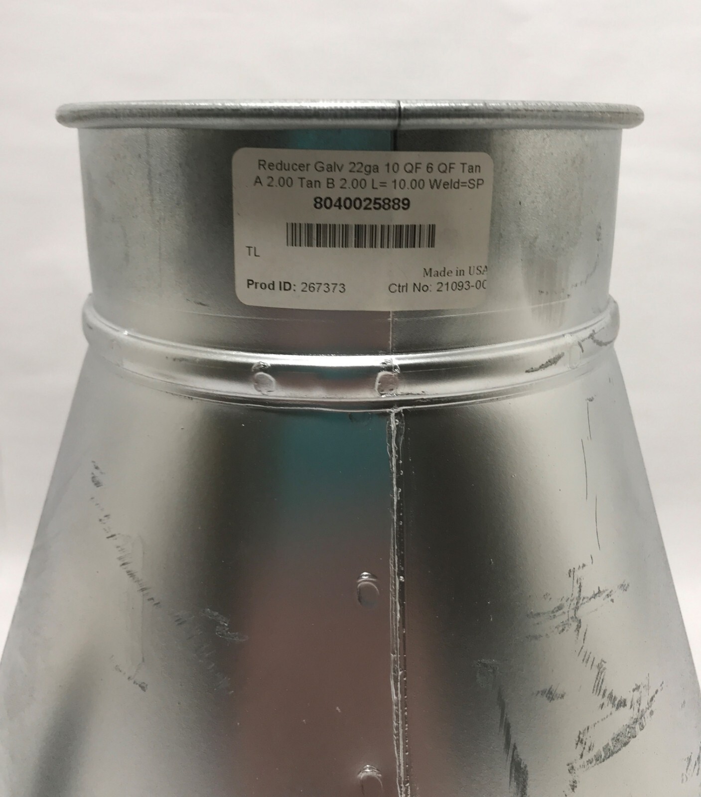 Nordfab 8040025889 Reducer Stainless Steel 22ga 10 in x 6 in Duct Diameter