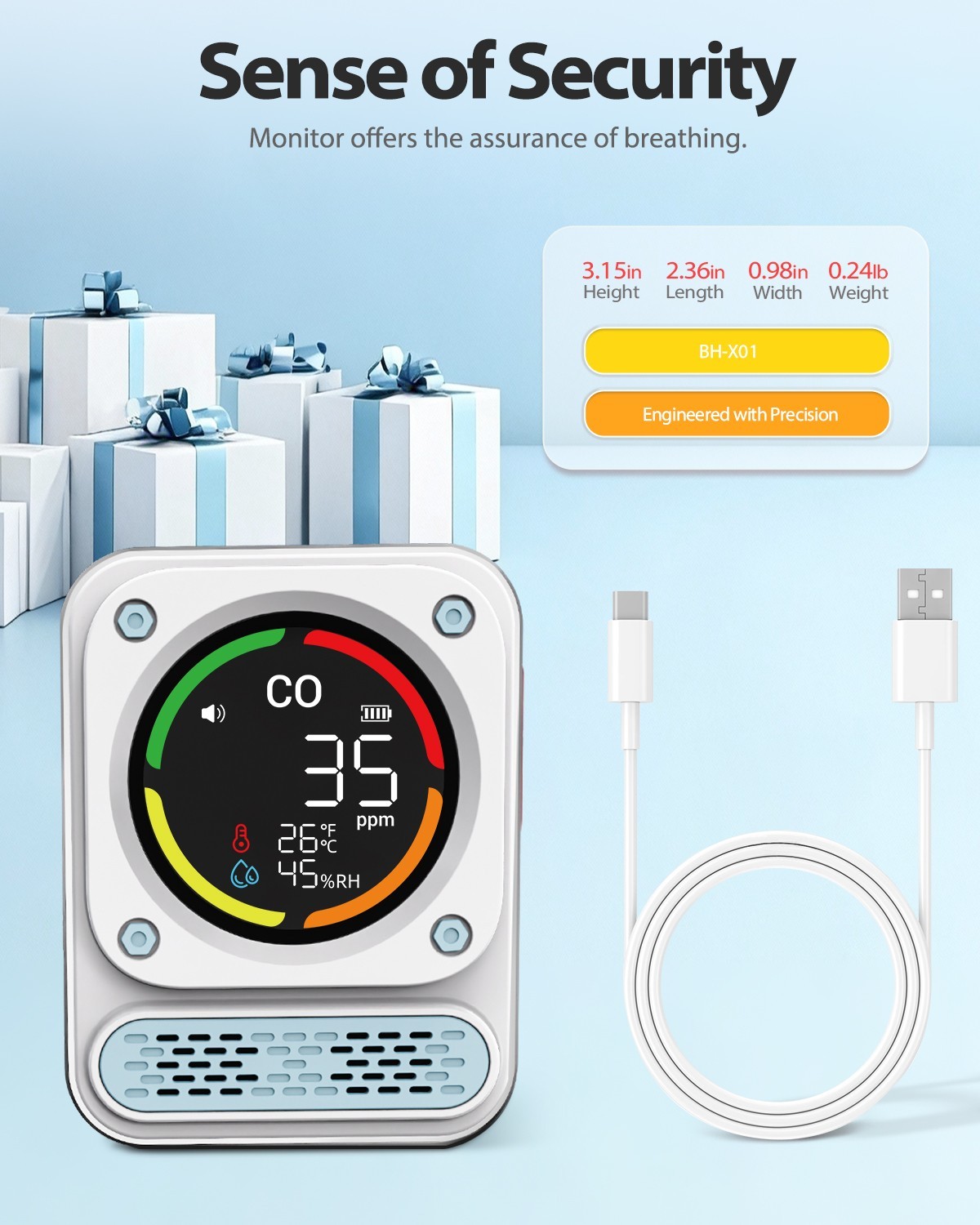 3-In-1 Portable Carbon Monoxide Detector,0-1000ppm CO Meter with Temperature