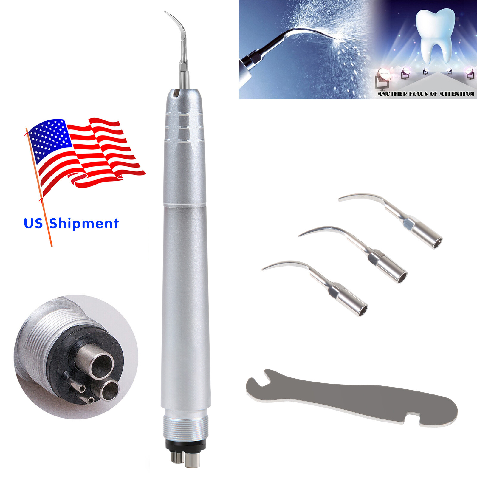 Dental Ultrasonic Air Scaler Handpiece 2&4Hole w 3Tips&Scaler Tips&Wrench Key US