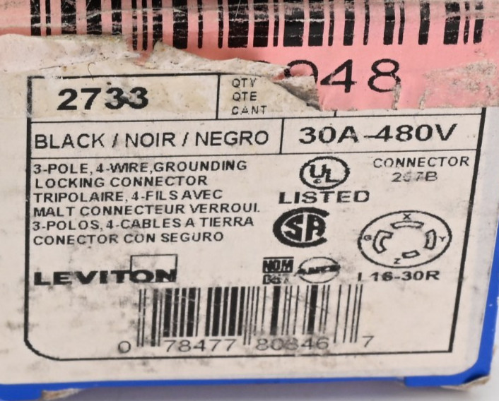 Leviton 2733 Locking Plug Black 30A 480V 3P 4 Wire Grounding L16-30R