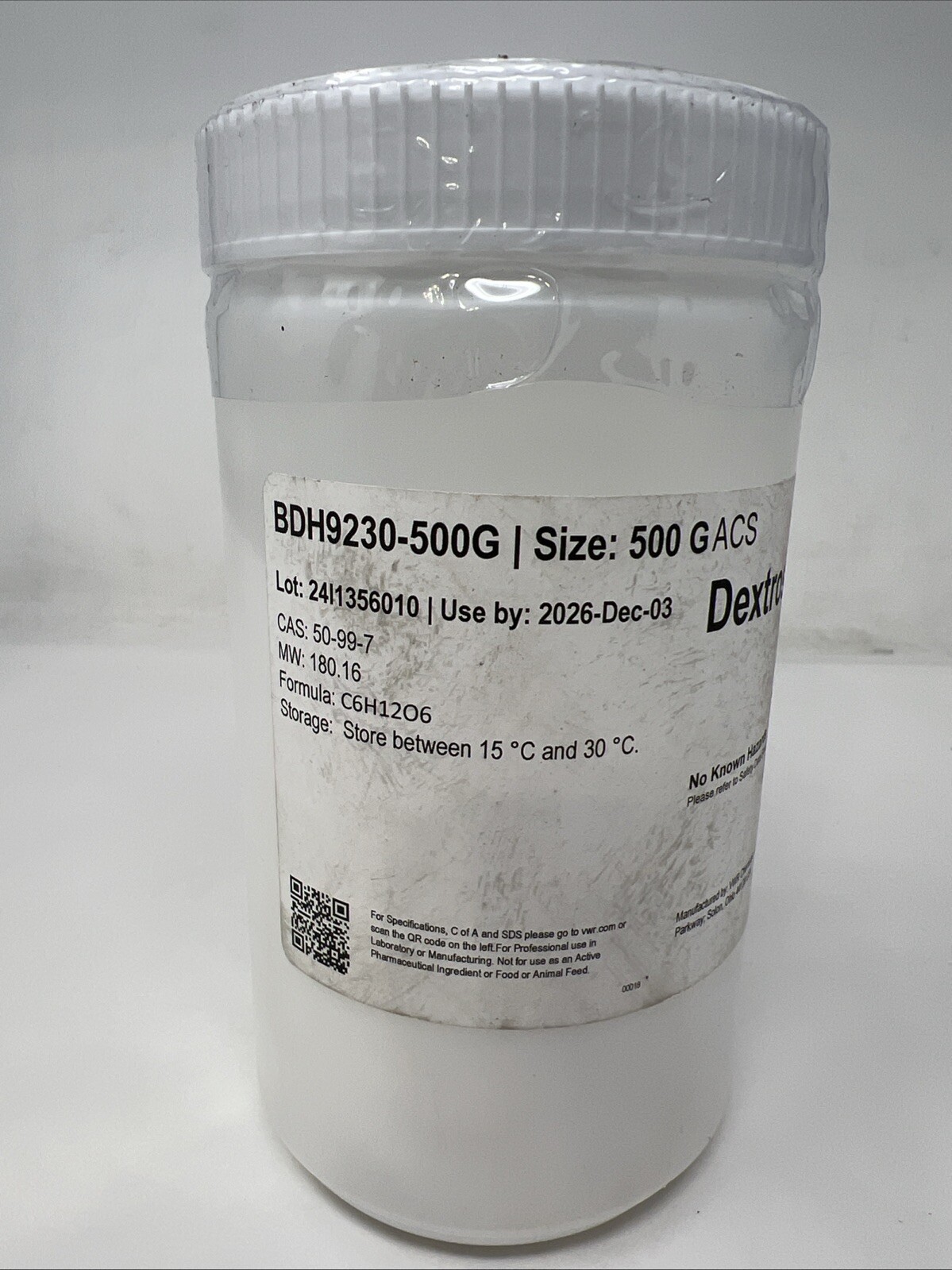 VWR Chemicals Dextrose Anhydrous BDH9230-500G, 500 grams, Sealed C6H12O6