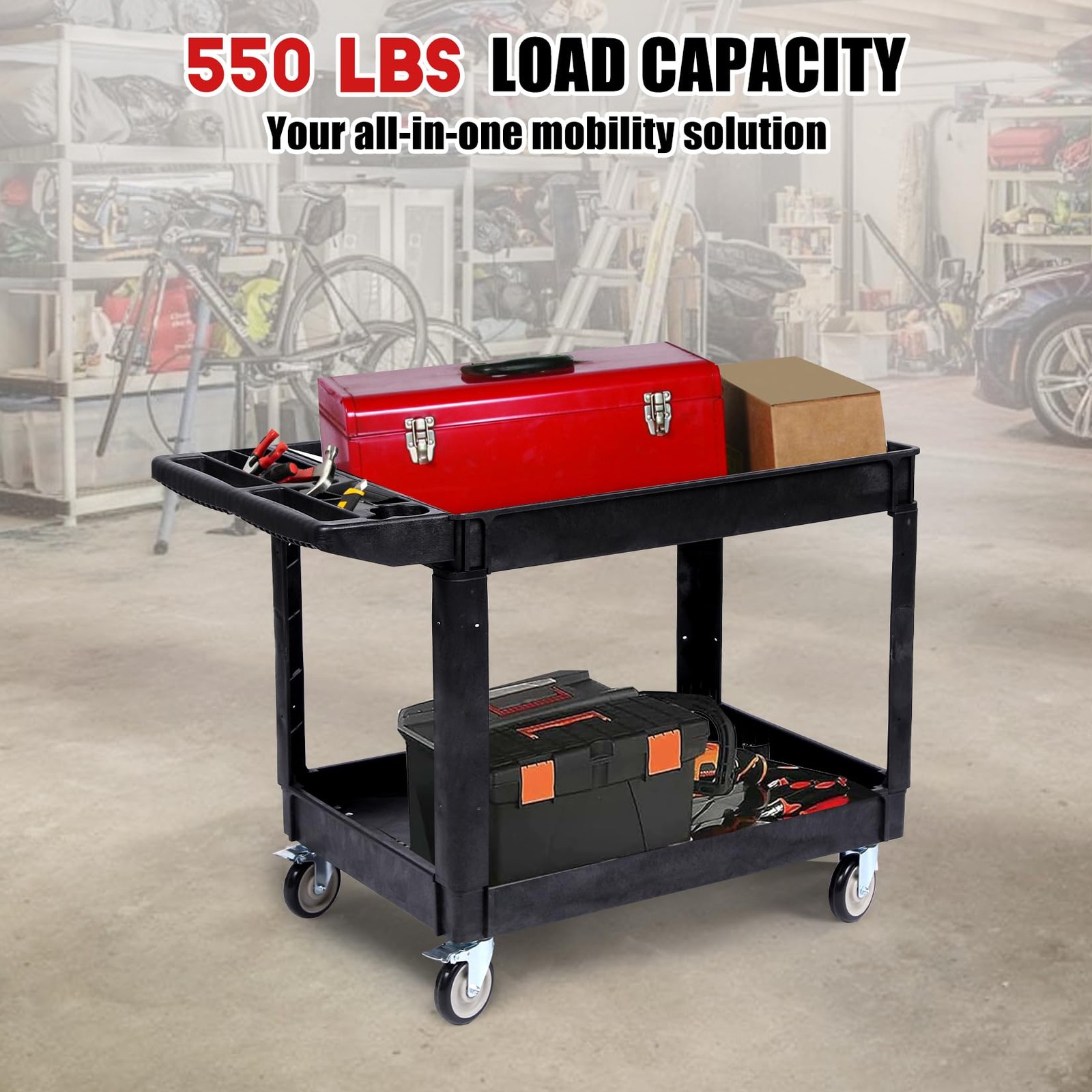 Utility Service Cart, 2 Shelf 550LBS Heavy Duty Plastic Rolling Utility Cart