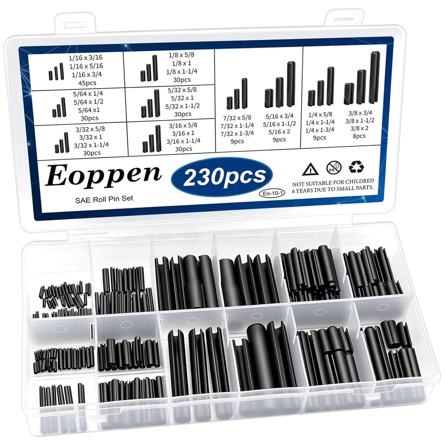 230PCS SAE Roll Pin Assortment Set 10 Sizes Steel