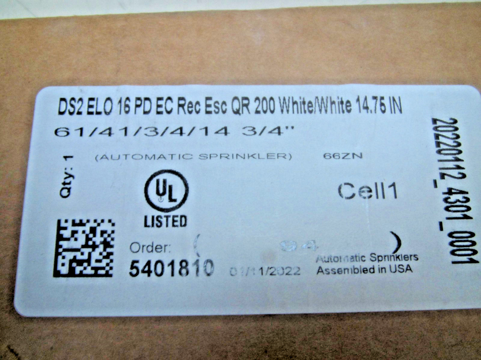 Tyco Automatic Sprinkler DS2 ELO 16 PD EC Rec Esc QR 200 White/White 14.75 IN