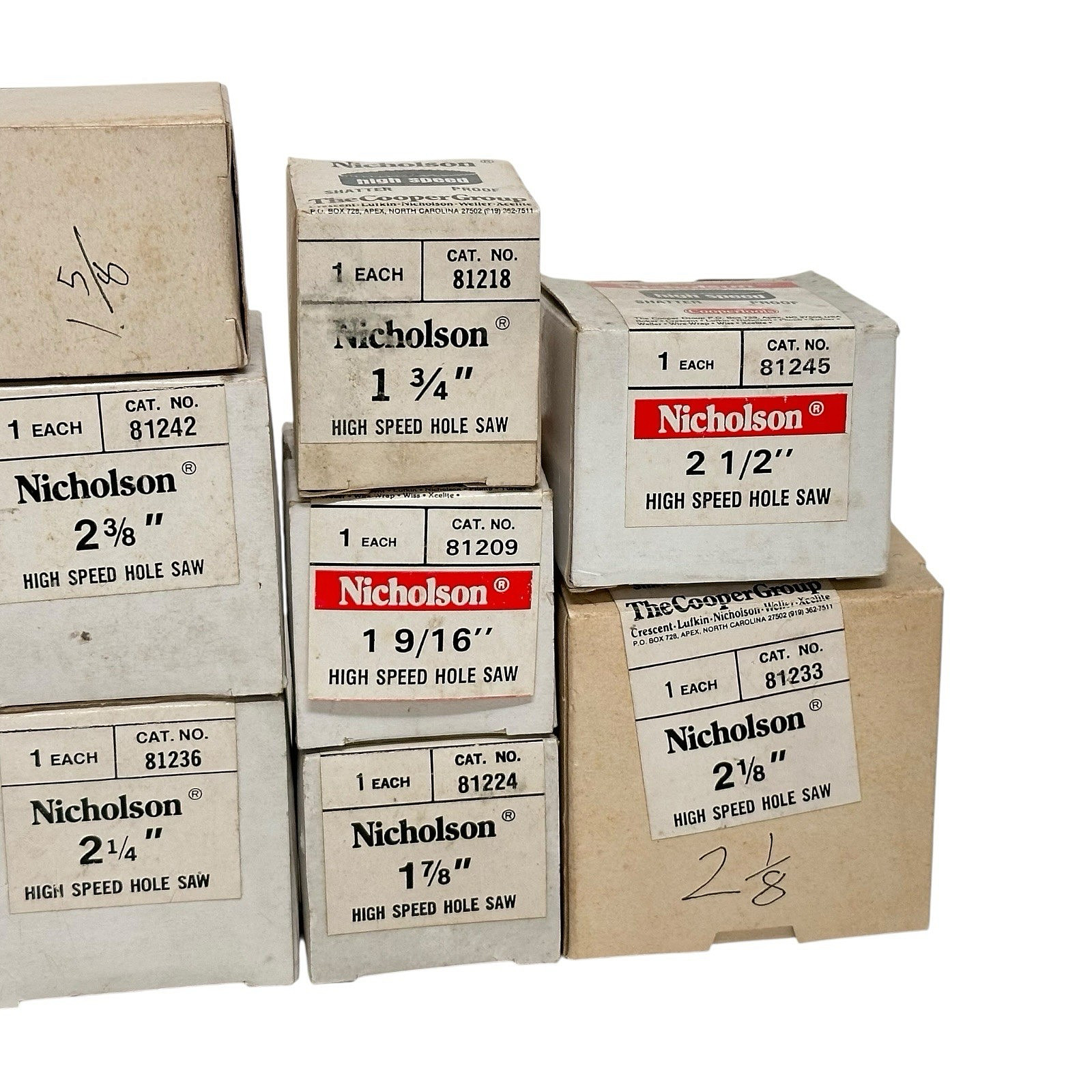 NICHOLSON HOLE SAWS – LOT OF 12 – 7/8″, 1 1/4″, 1 3/16″, 1 1/8″, 1 5/8″, 2 3/8″+