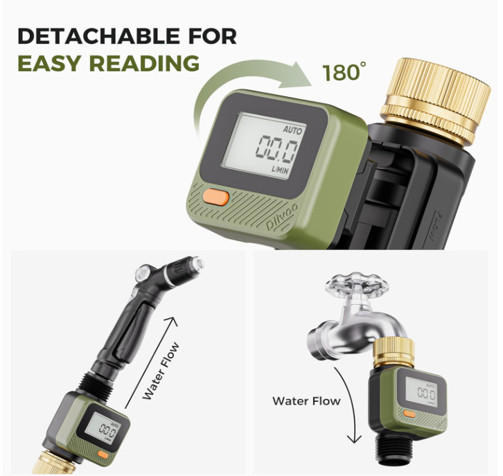 Medidor de Flujo Agua IP54 con Pantalla 180° para Jardín y RV. Nuevo