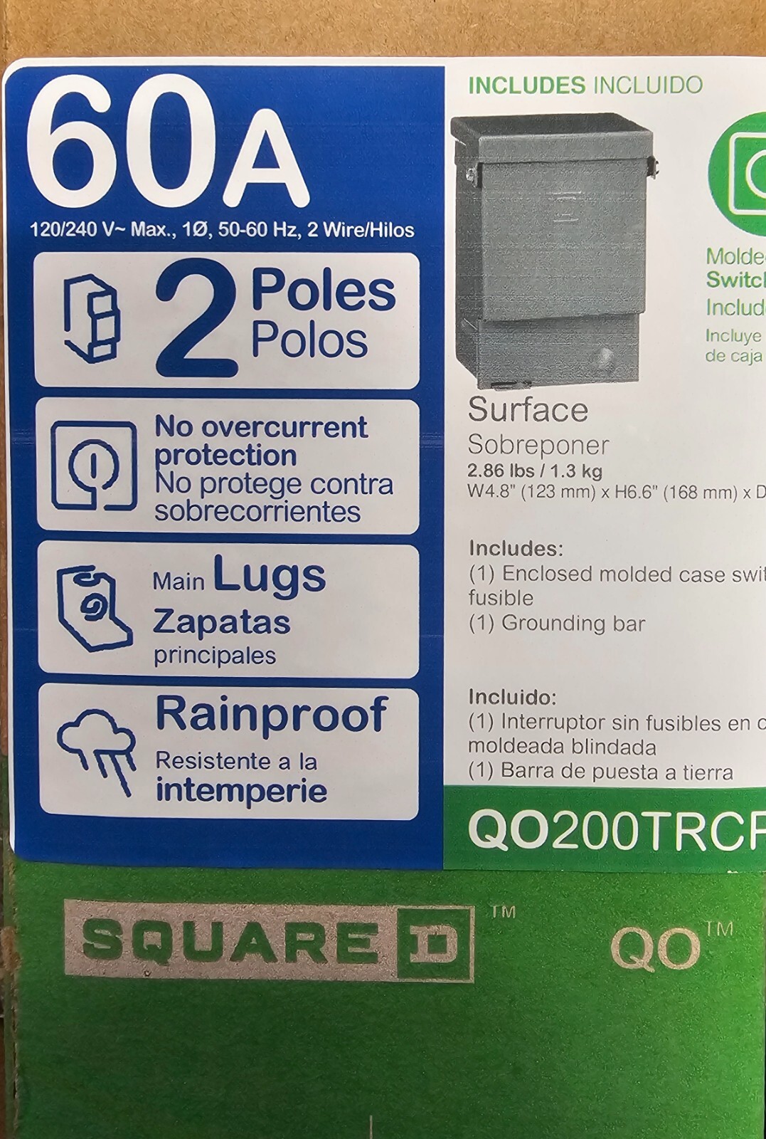 Square D QO200TR, NEMA 3R, 60A, 240VAC, 22kA, A/C Switch Circuit Breaker