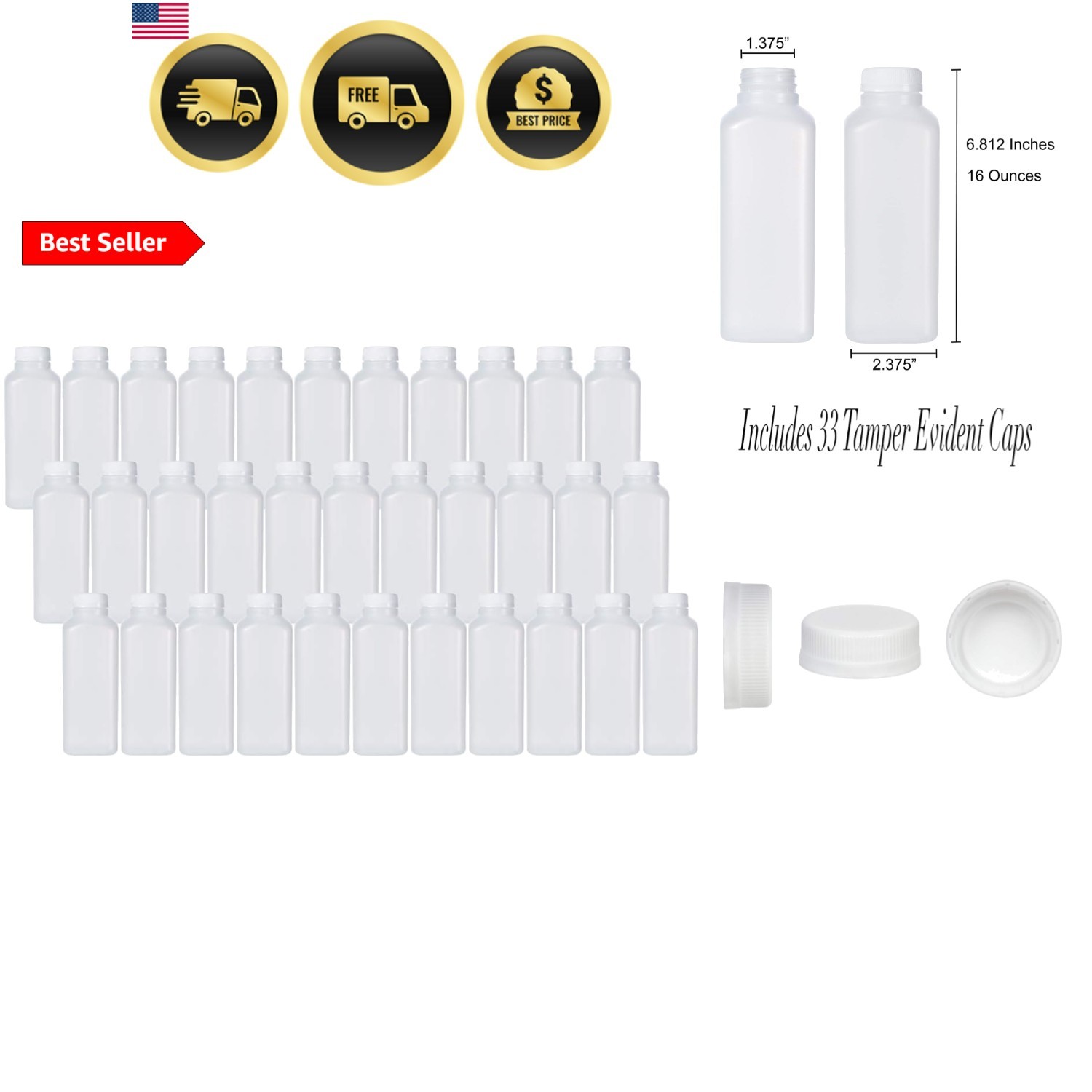 16 Oz Empty Plastic Juice Bottles with Tamper Evident Caps – 33 Pack Drink Co…