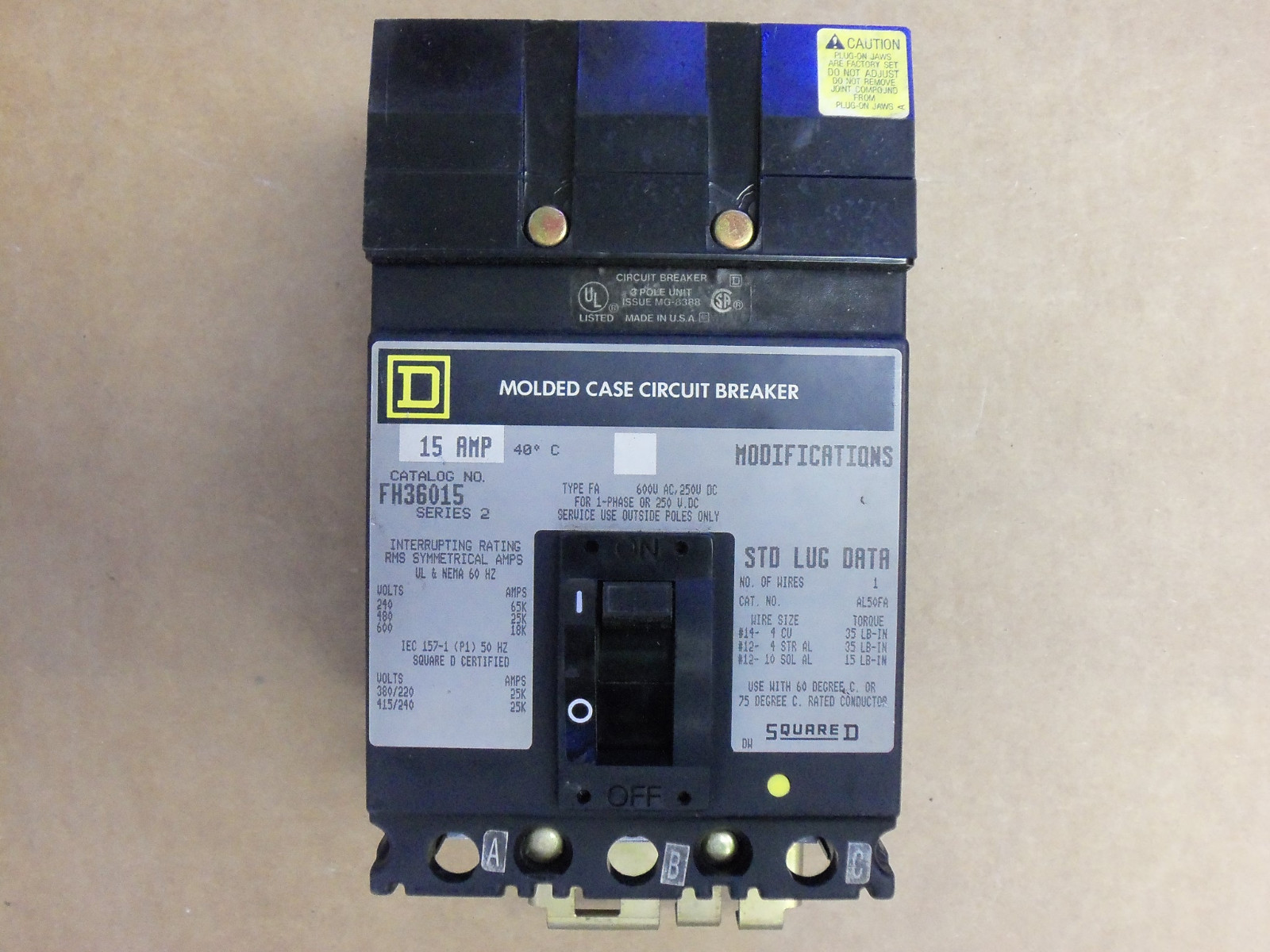Square D FH FH36015 3 Pole 600V 15 Amp Circuit Breaker Gray Label
