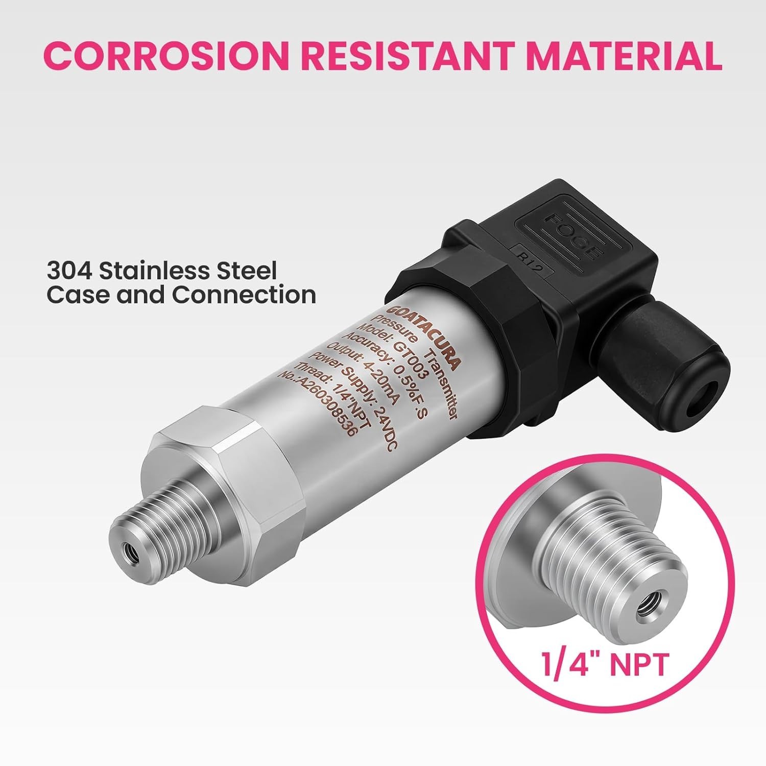 1000PSI Pressure Transmitter, Industrial Pressure Transducer 4-20mA 0.5% FS – 24