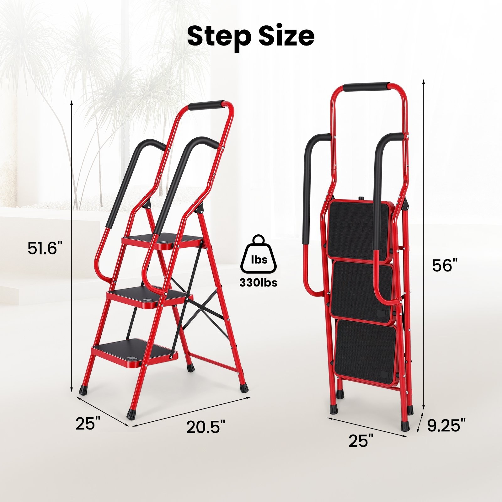 3 Step Ladder with Hankdrails, Folding Step Stool with Safety Lock, Red
