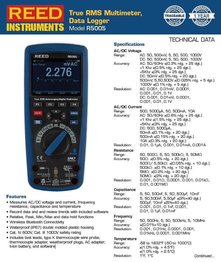 REED Instruments R5005 True RMS Industrial Multimeter with Bluetooth