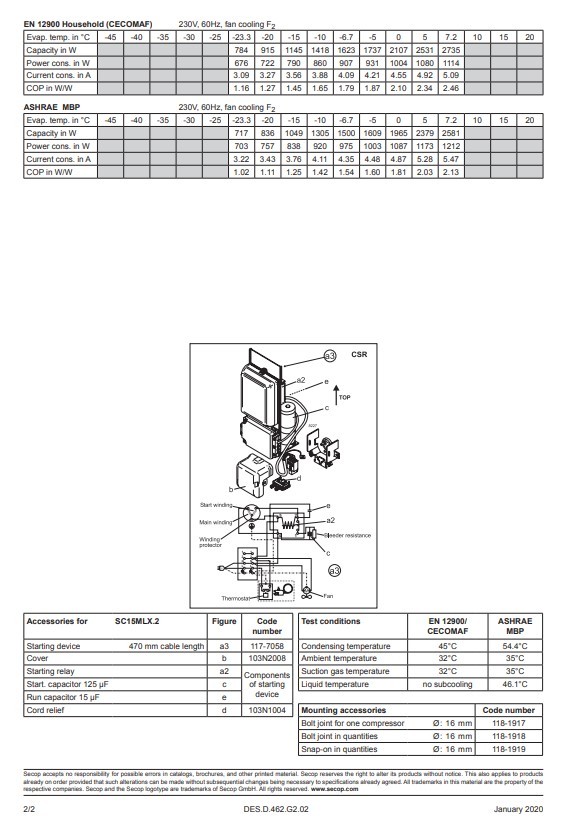 Secop SC15MLX.2 R404a Hermetic Refrigeration Compressor 9433 BTU HBP 230V 3/4HP