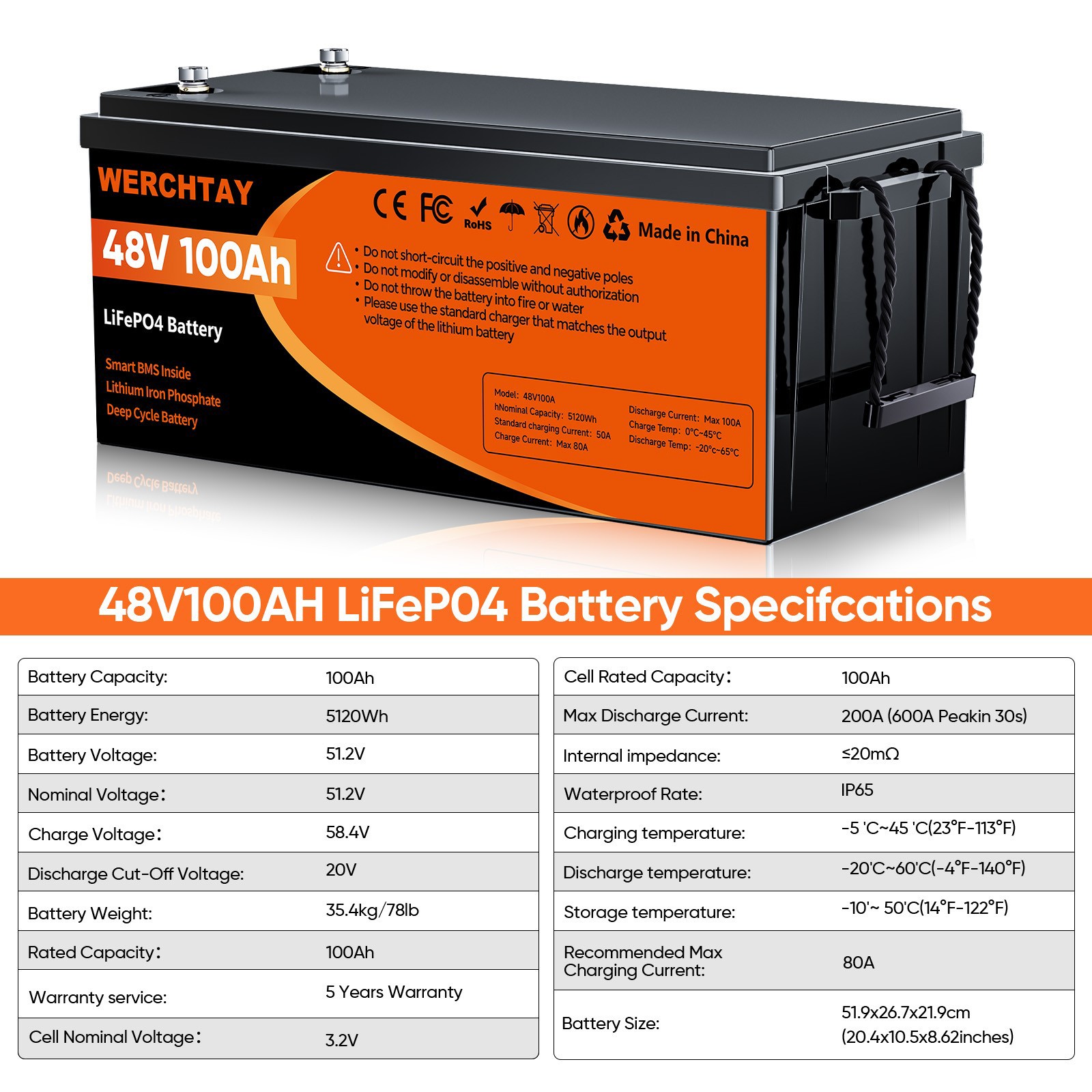 48V 100Ah LiFePO4 Battery with BMS Deep Cycle for Marine Off-Grid Power Golf Car