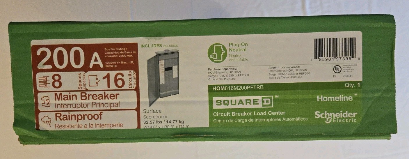 Square D HOM816M200PFTRB Load Center 200 Amp 8-Space 16-Circuit Feed-Thru Lug