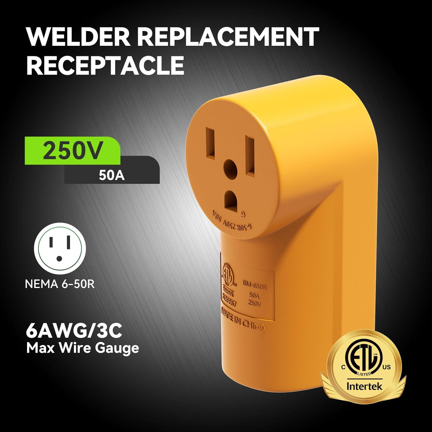 50 Amp NEMA 6-50R Surface Mount Receptacle, 125/250 Volt Power Outlet, Yellow, E