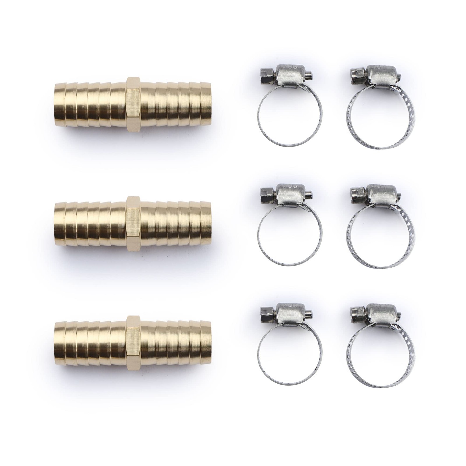 U.S. Solid 5/8″ Brass Hose Barbed Splicer Round Equal Hose Joint W/ Clamps, 3pcs