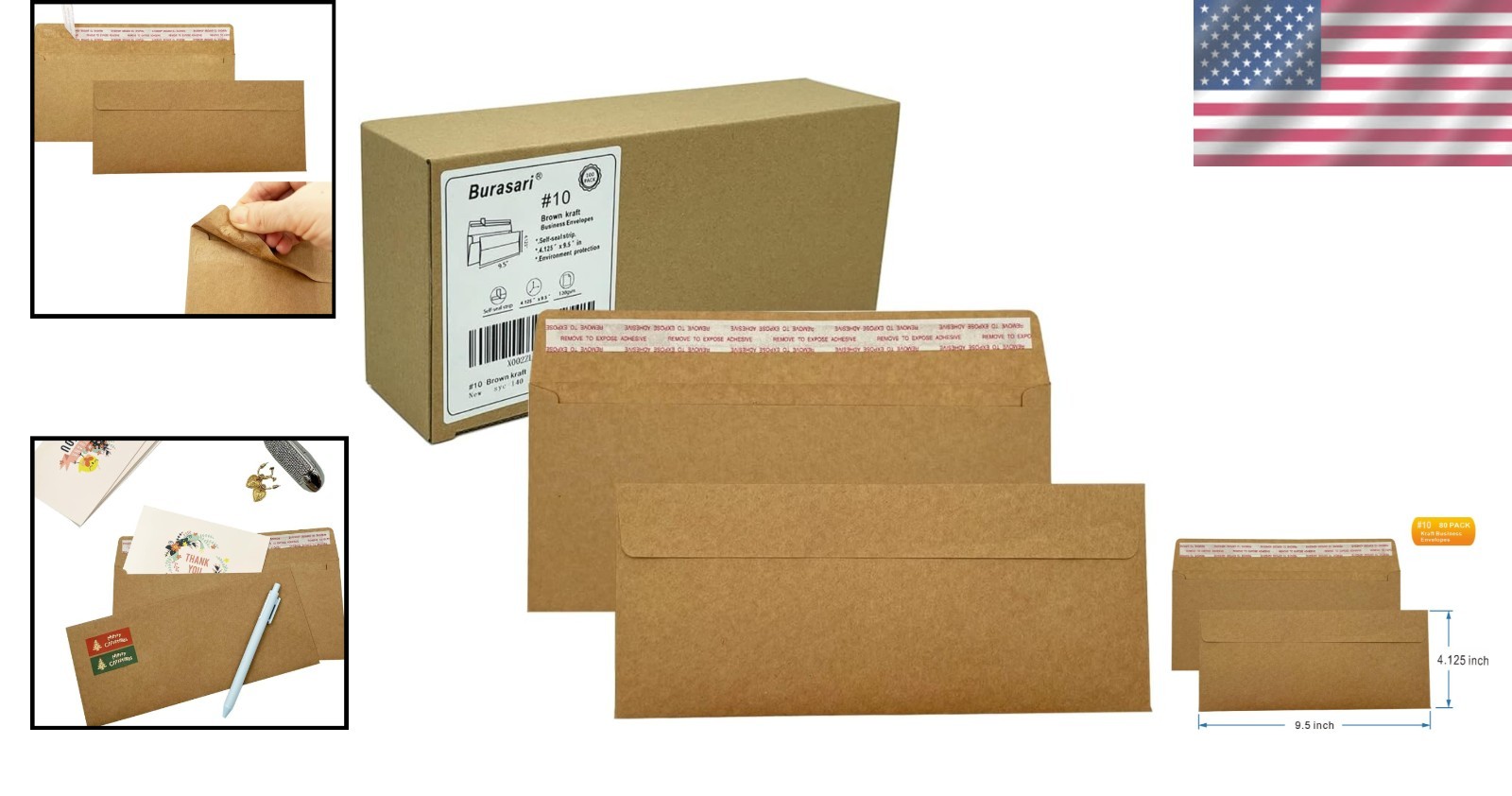 80 Count Brown Kraft Envelopes 4.125 x 9.5 Inches – Self-Adhesive Seal