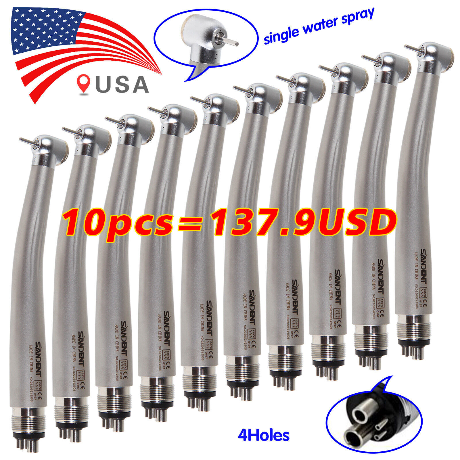 10* SANDENT Dental High Speed Handpiece Push Button 4Hole Fit NSK PANA MAX OR