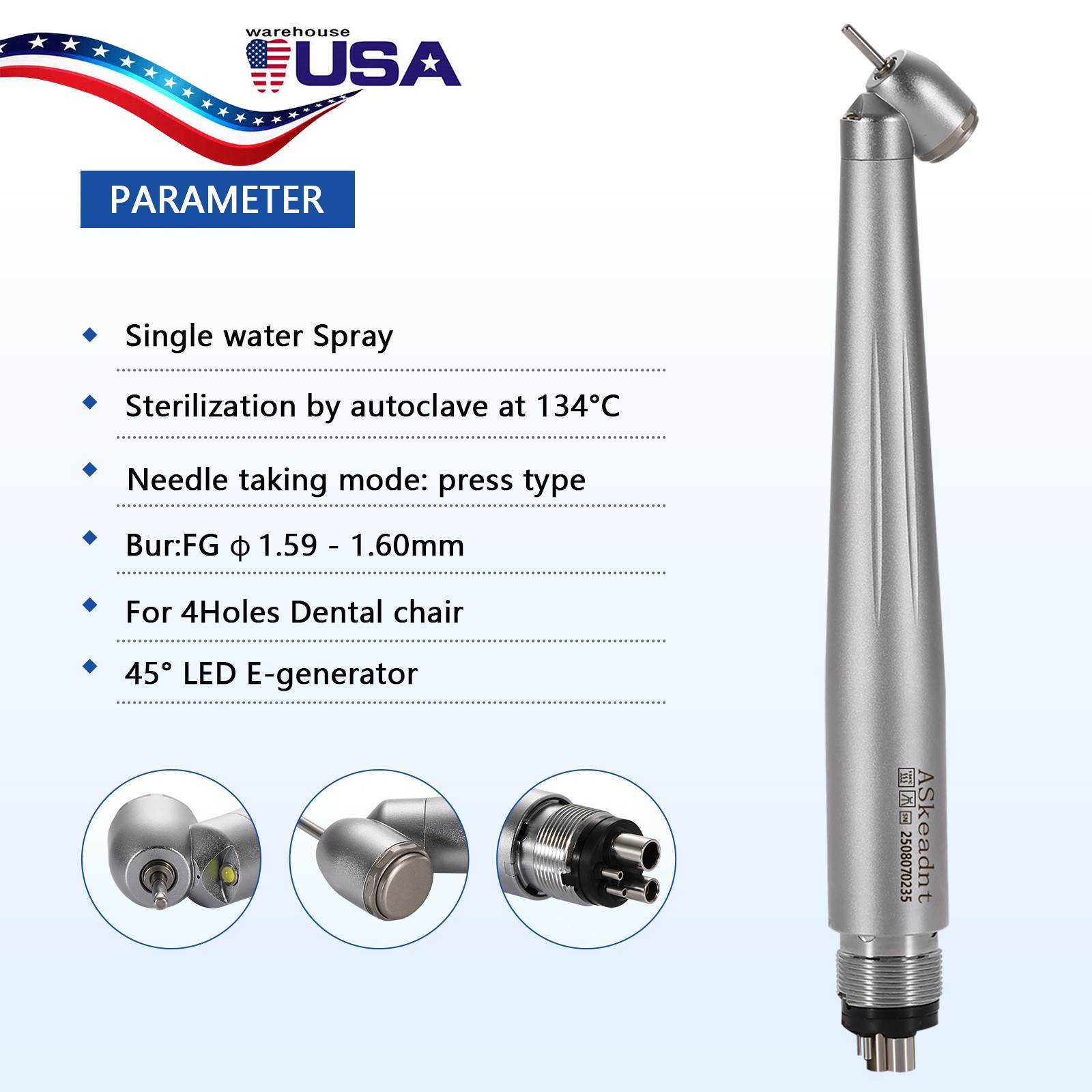 Dental 45 Degree 45° Angle LED E-generator High Speed Handpiece 4 holes ASkeadnt