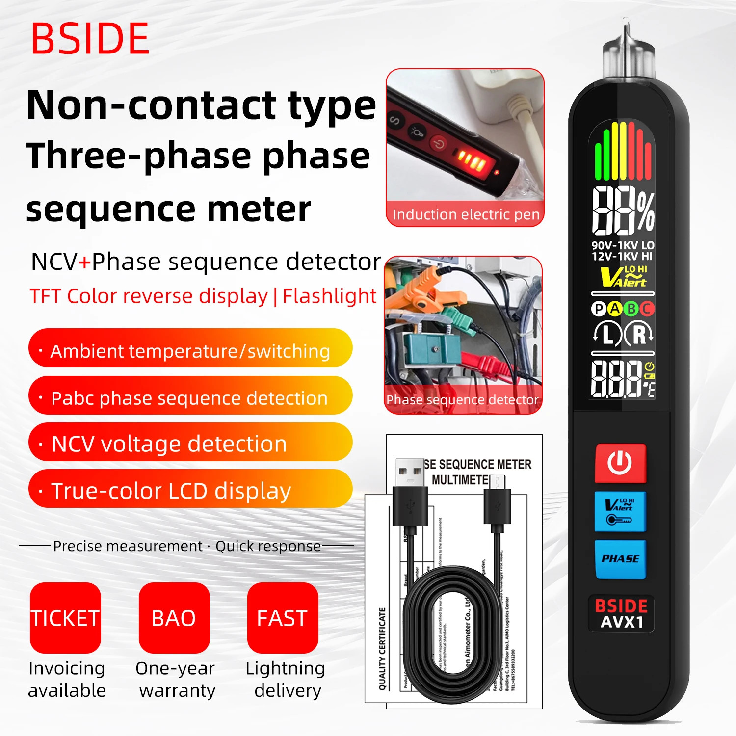 Voltage Detector Tester Phase Sequence Smart NCV Live Wire Check Meter