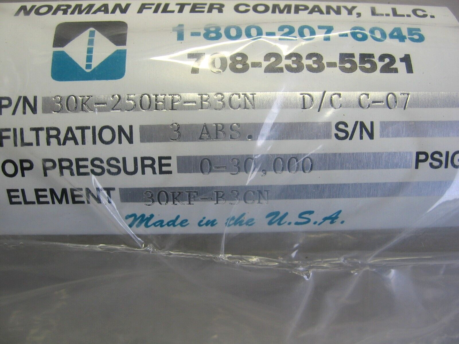 Norman 30,000 PSI 3-Micron Inline Filter 30K-250HP-B3CN Stainless Steel / 1/4″