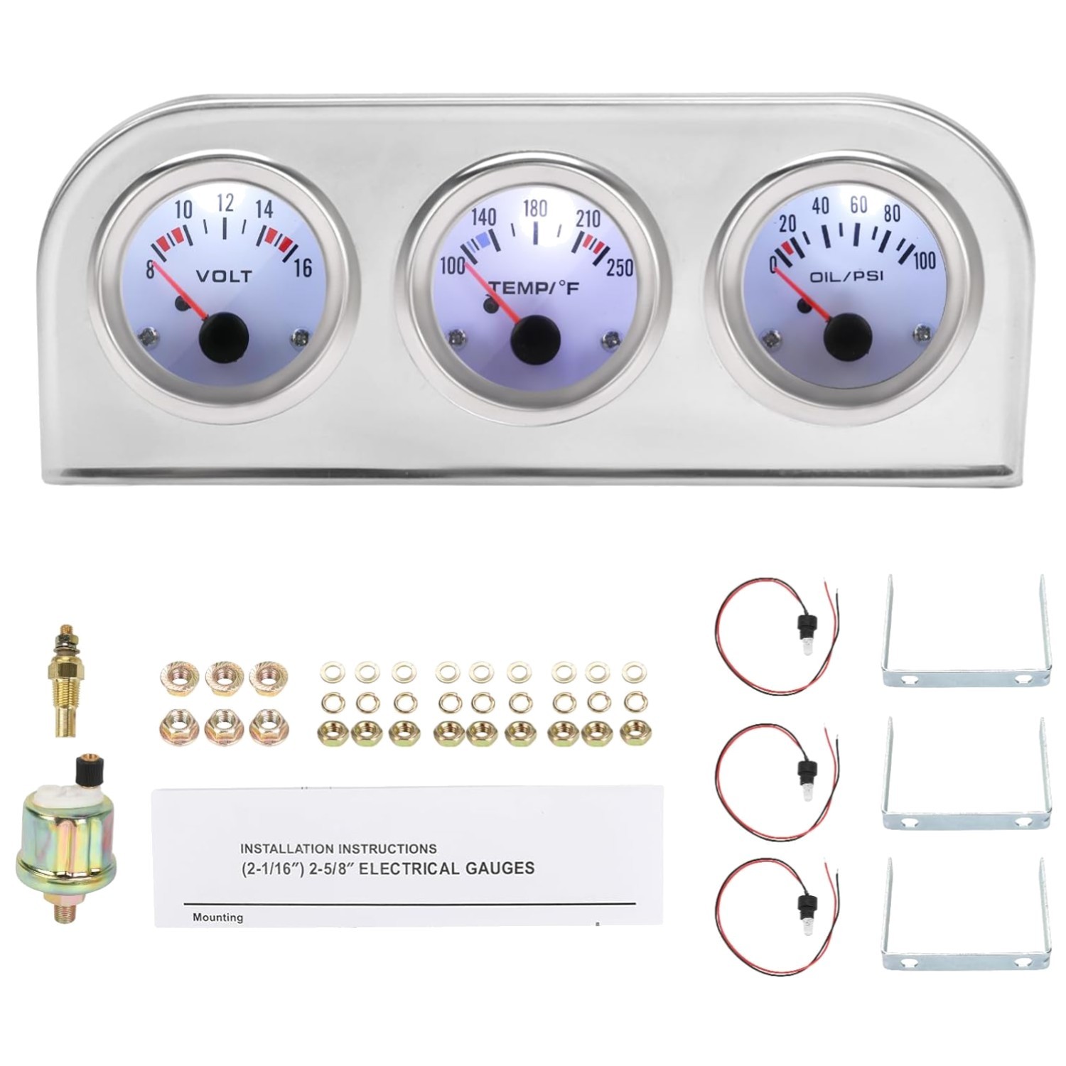 52mm Water Temp Oil Pressure Voltmeter Triple Gauge Set 3 in 1