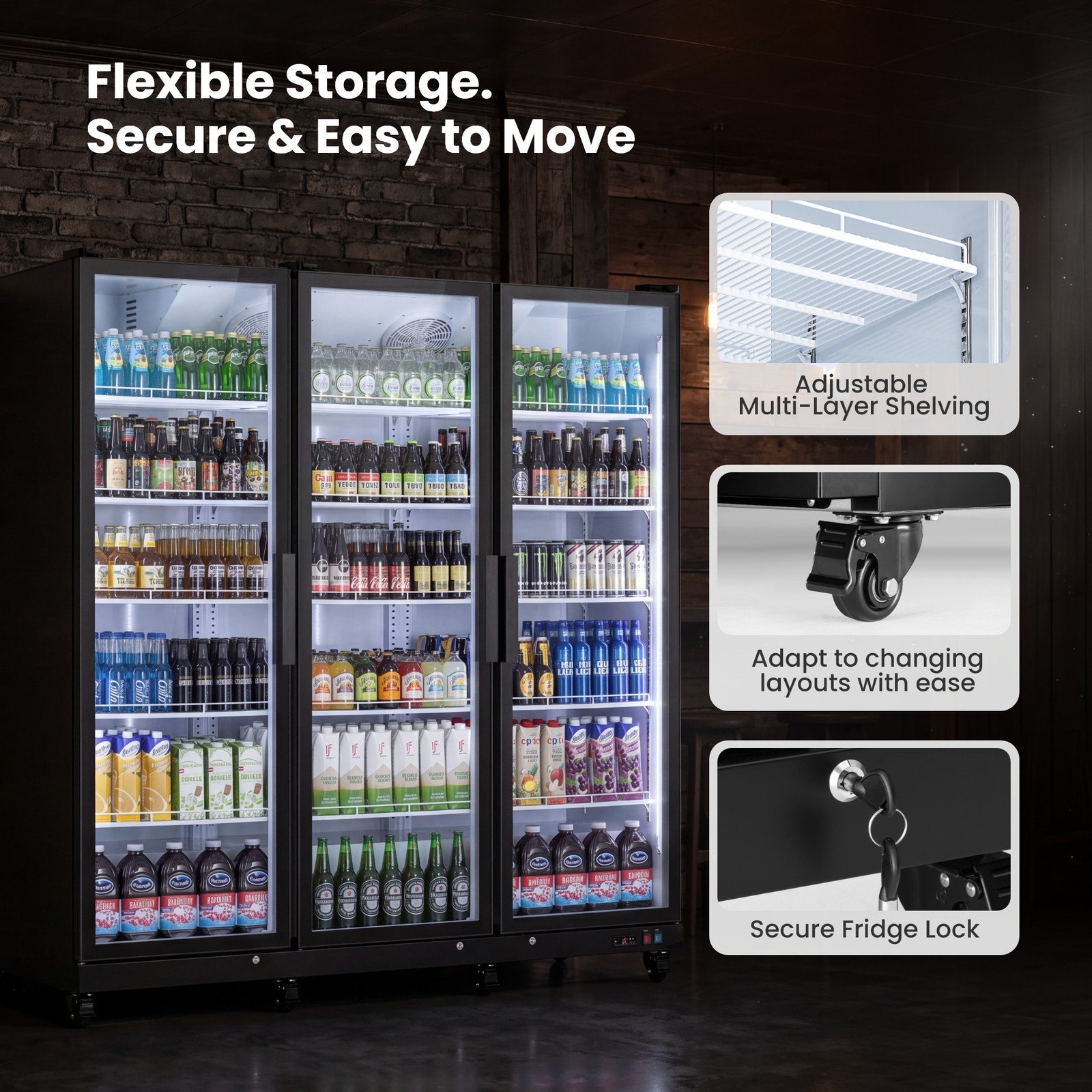 Yeego Commercial Merchandiser Refrigerator 58 Cu.ft Beverage Cooler 3 Glass Door