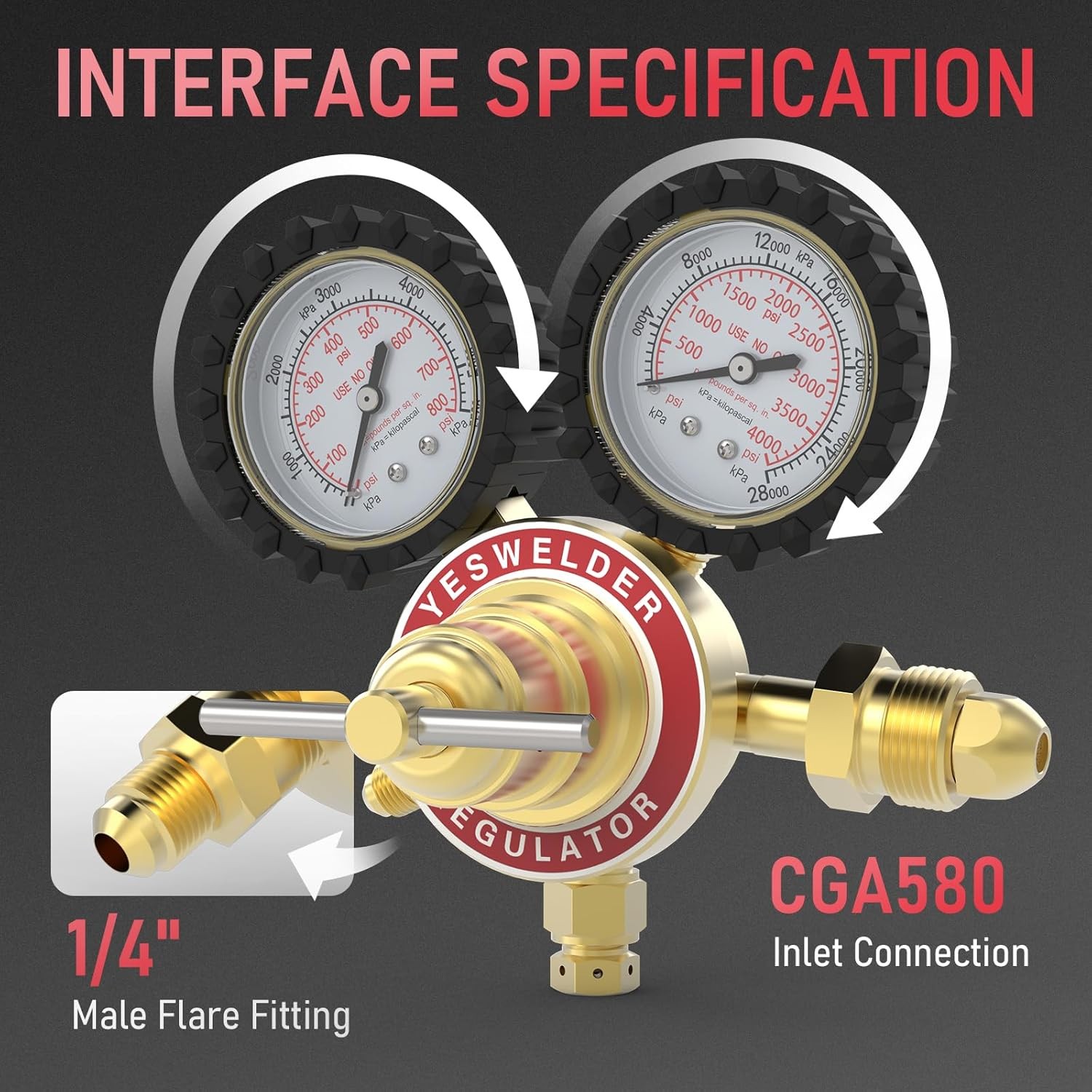 Nitrogen Regulator, CGA580 Inlet, 1/4″ Flare, 0-800/4000 PSI Output with Hose