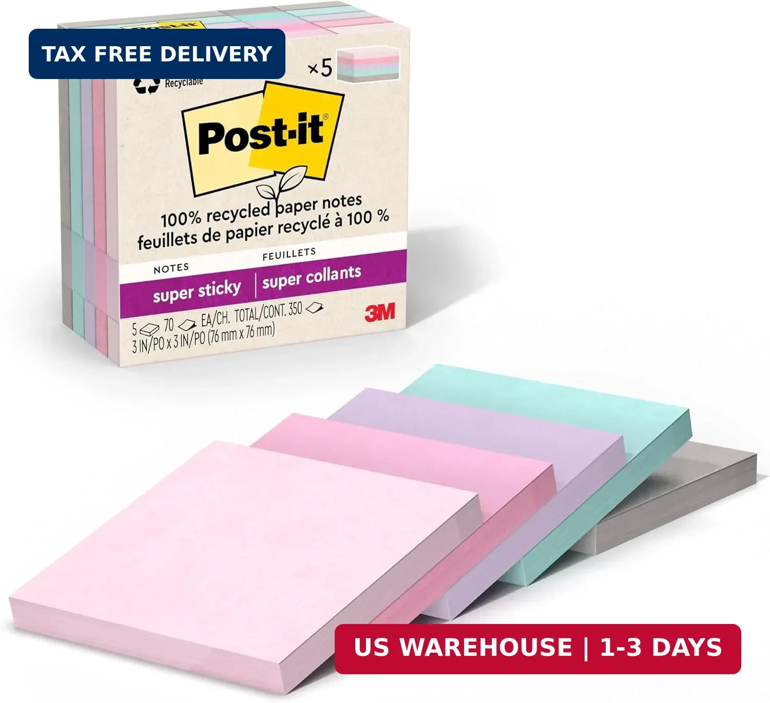Post-it 100% Recycled Paper Super Sticky Notes, 3 in. x 3 in., 5 Pads, 70 Sheets