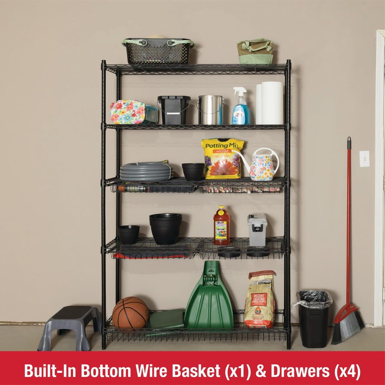 Rubbermaid 85030B 5-Tier Deluxe Heavy Duty Black Wire Shelving Unit with Drawers