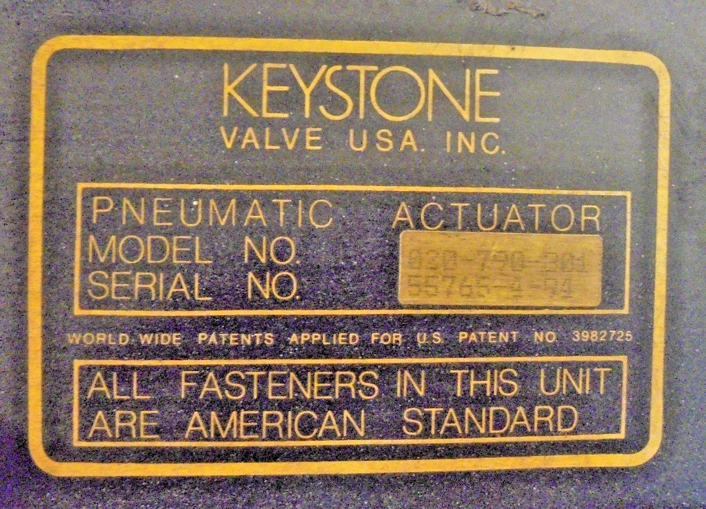 KEYSTONE PNEUMATIC ACTUATOR 020-790-301, 3″ BUTTERFLY, WESTLOCK MONITOR 4040