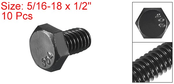 10Pcs 5/16-18 x 1/2″ Hex Head Bolts, 304 Stainless Steel Hex Head Screw, Black