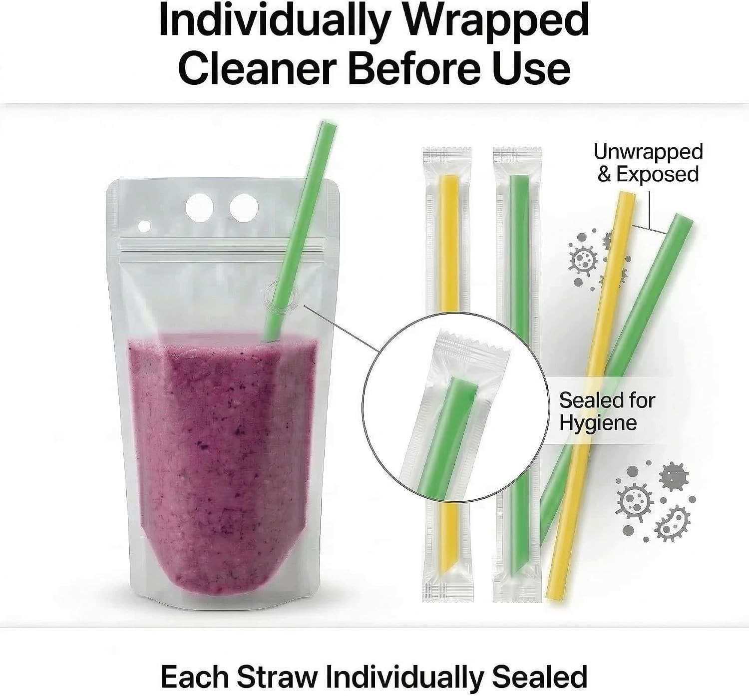 200 Drink Pouches with Straws – Reclosable for Parties