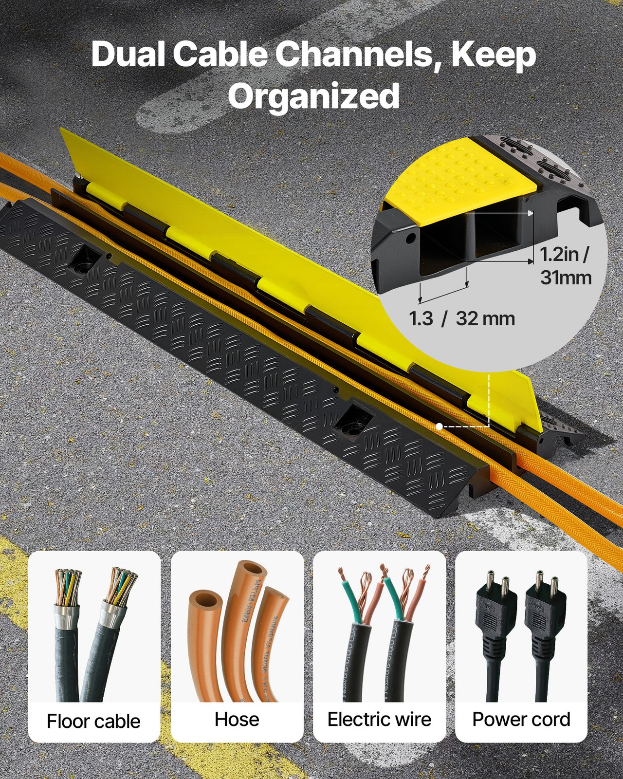 VEVOR Cable Protector Ramp Rubber Cord Cover 22000 lbs/axle Capacity 2 Channel