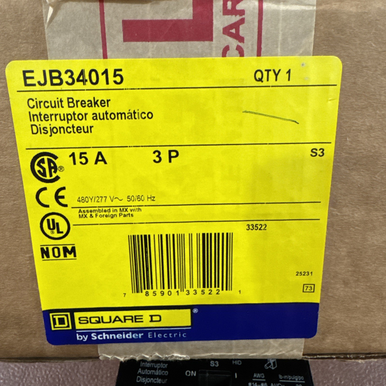 Square D EJB34015 Circuit Breaker 15A 3 Pole 480Y/277VAC 15 Amp 3P *Cracked Flaw
