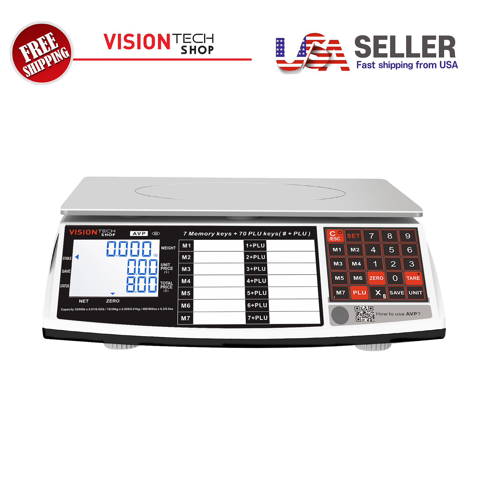 VisionTechShop AVP Price Computing Scale, 30/60lb x 0.01/.02lb, Legal for Trade