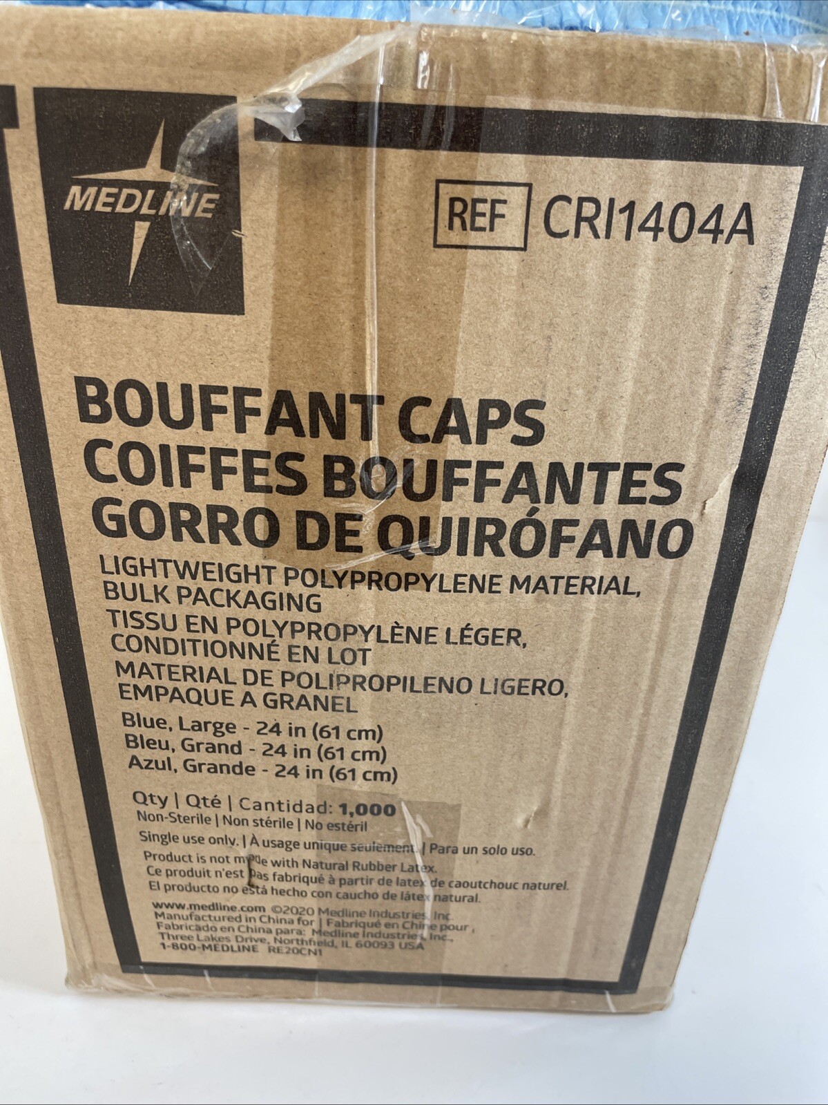 1000 Case – Medline 24″ Blue Bouffant Cap Non Woven Disposable Hairnet Size L