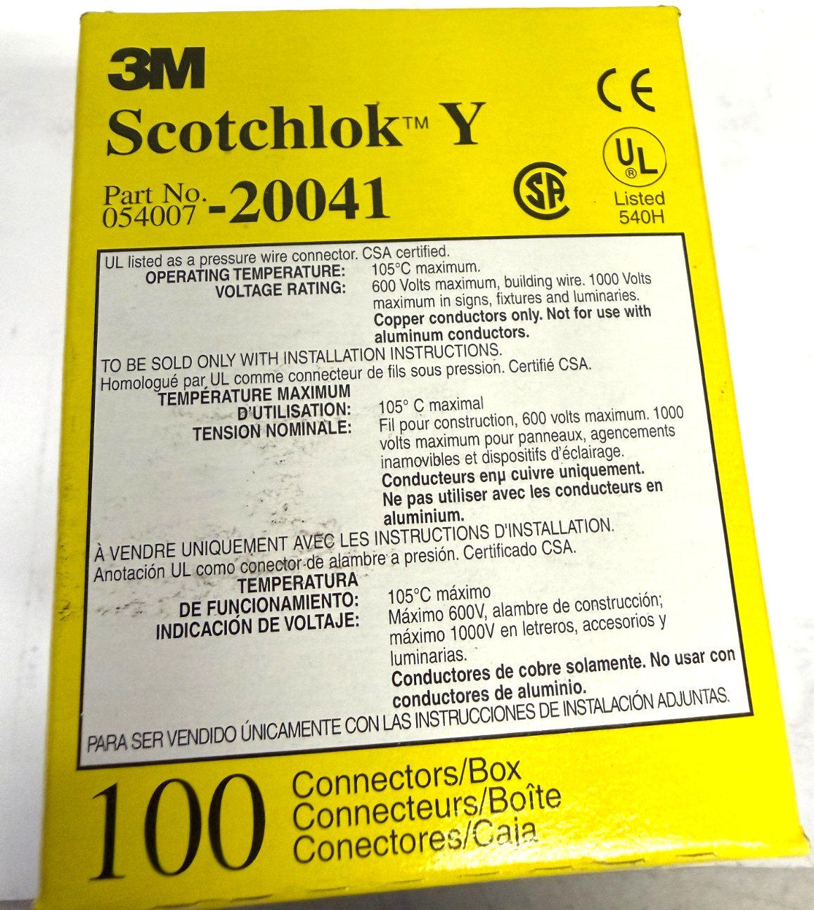 3M Scotchlok-Y 20041 Electrical Spring Connectors Yellow **Box of 100ea**