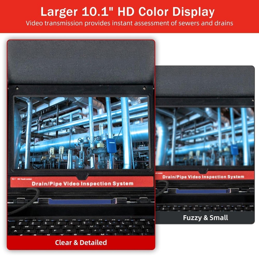 300FT Sewer Camera w/ 10.1″ Touchscreen Self-Leveling 12 LED Lights & Recording