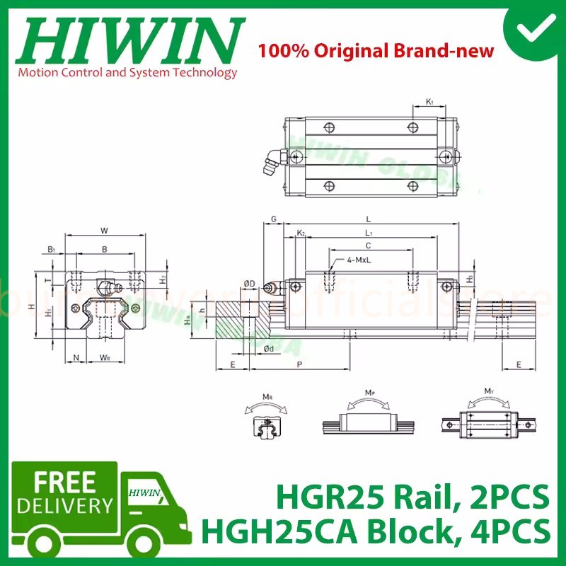 HIWIN 2pc HGR25 200-2000mm Linear Guide Rail + 4pc HGH25CA Slide Block ﻿﻿CNC