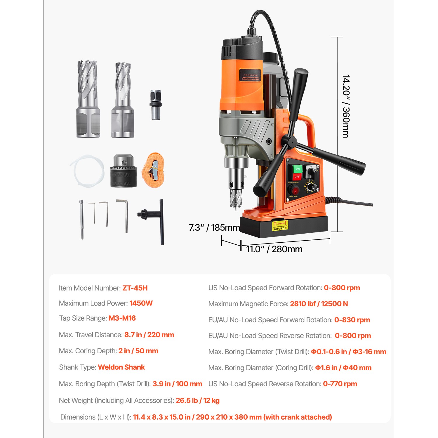 Uimoso Magnetic Drill 1450W 2810 lbf Portable Mag Drill Press 1.6 in Diameter